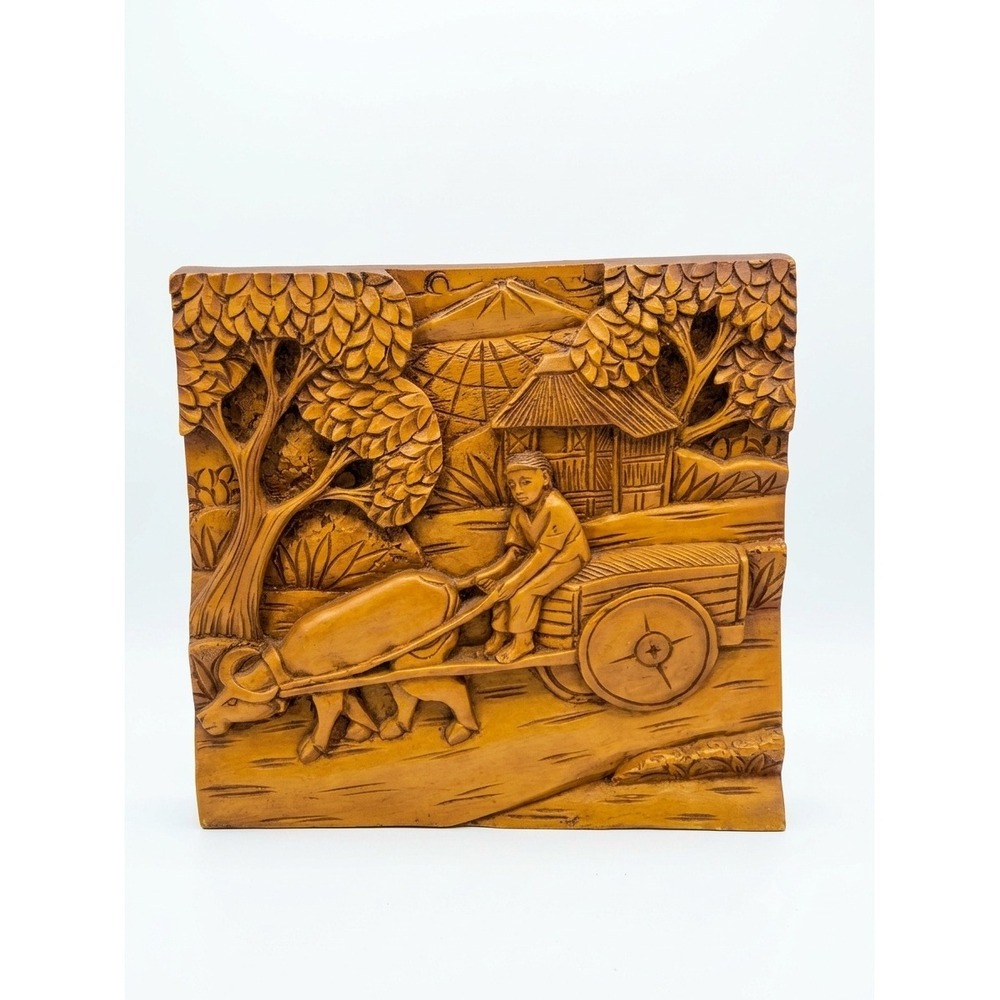 Vintage Philippines Hand Carved Wood Relief Plaque Carabao Cart Scene 12x12